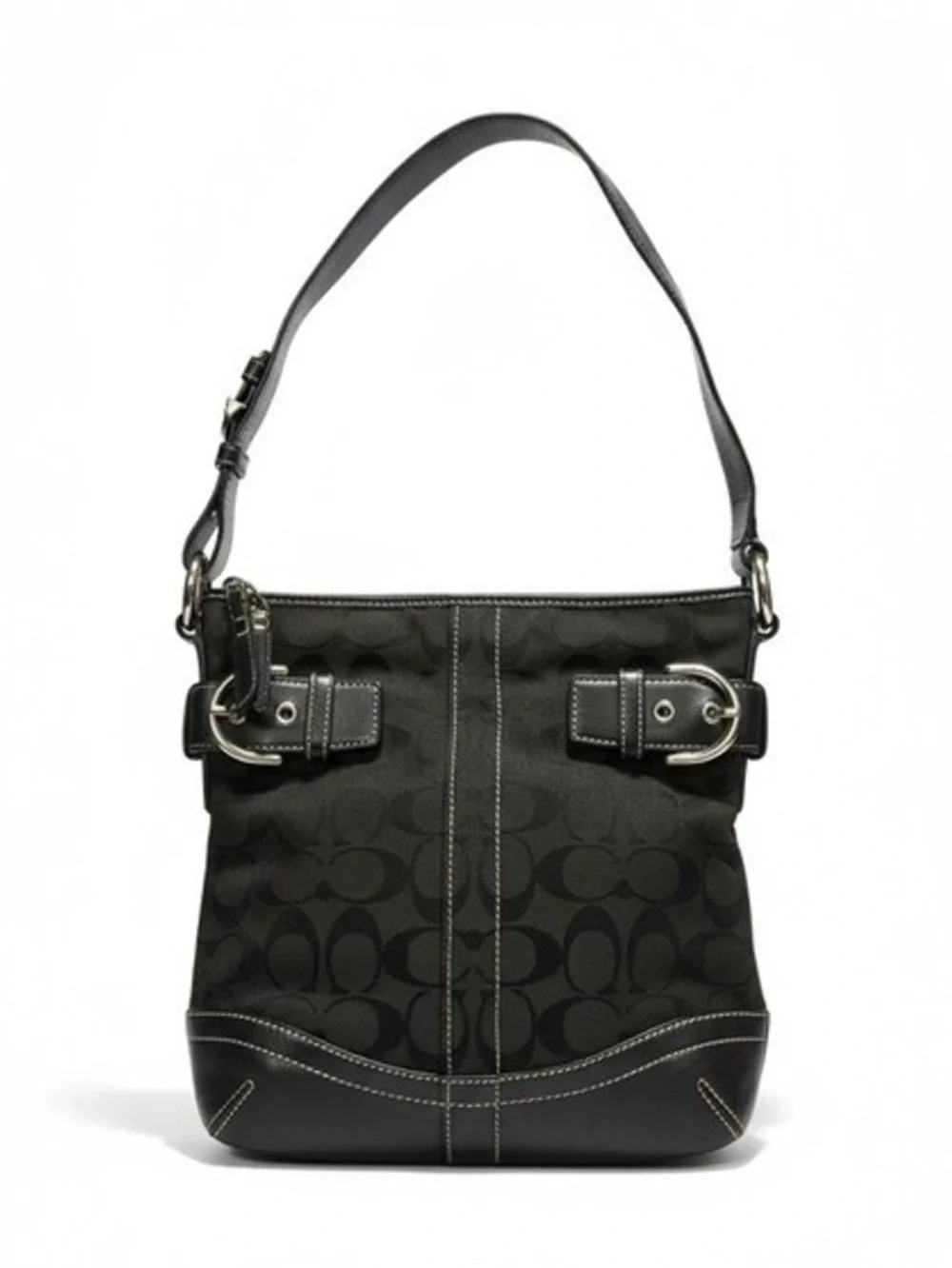 Coach‎ Black Signature Canvas Shoulder Hobo with Buckle Accents